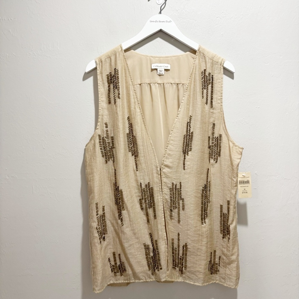 New COLDWATER CREEK Women’s Beige Chevron Beaded Detail Vest Front Close Size M